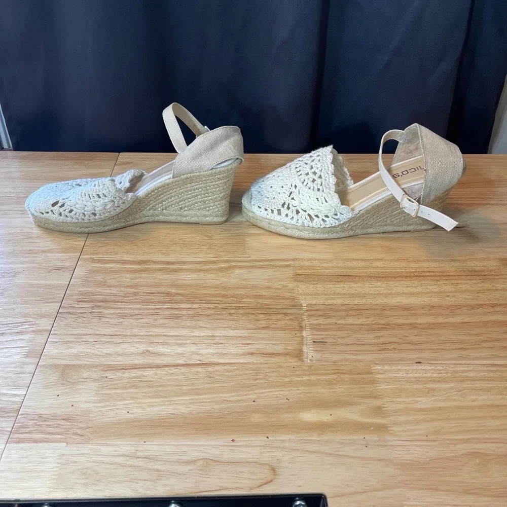 Chicos Womens Crochet Espadrille Wedge Sandals Cream Ankle Strap Size 10